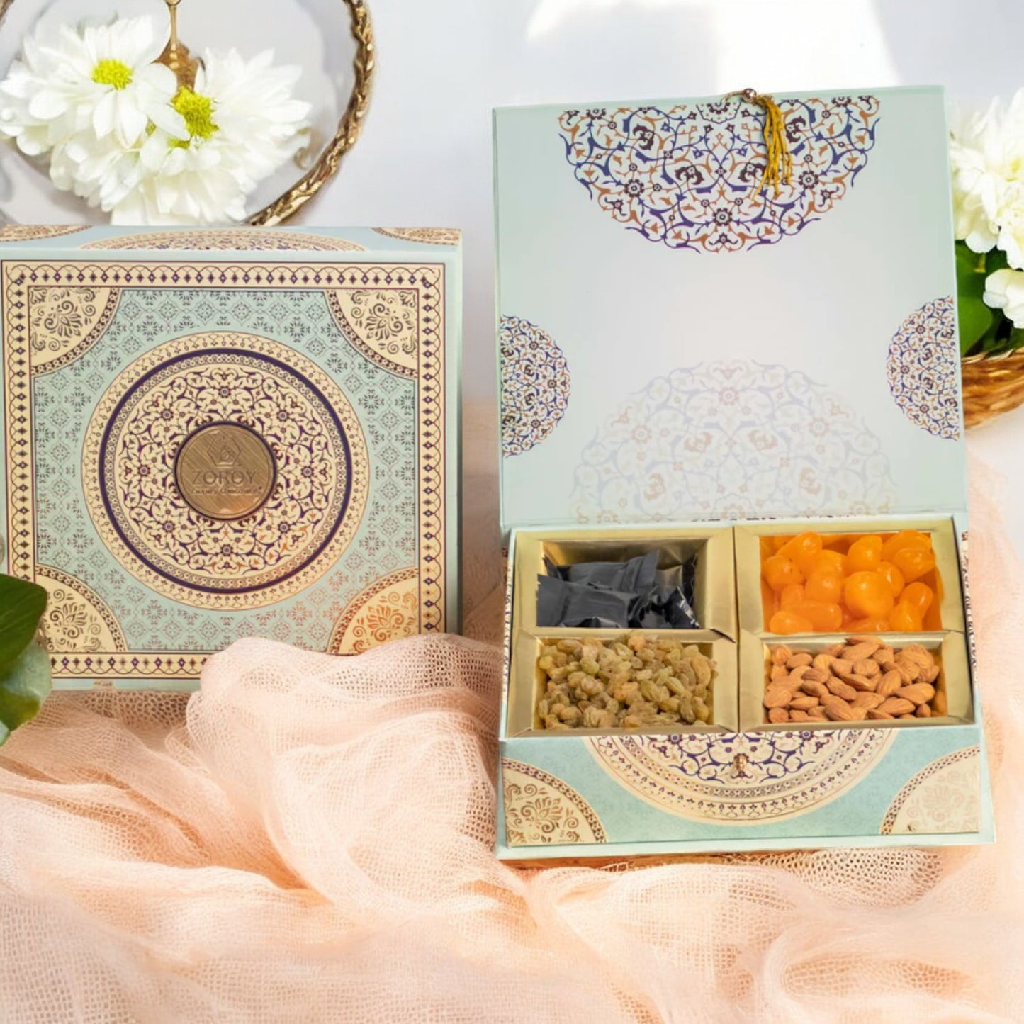 ZOROY Mandala Gift Box with Chocolates and Assortment Of Almond Raisins Dry fruits Combo Pack