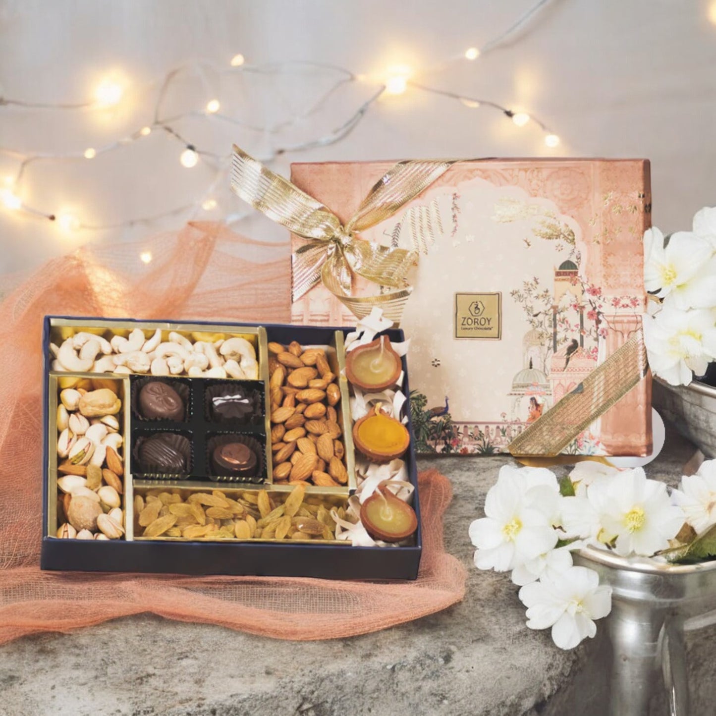 ZOROY Large Combo Festive box of assorted dry fruits, chocolates and diyas