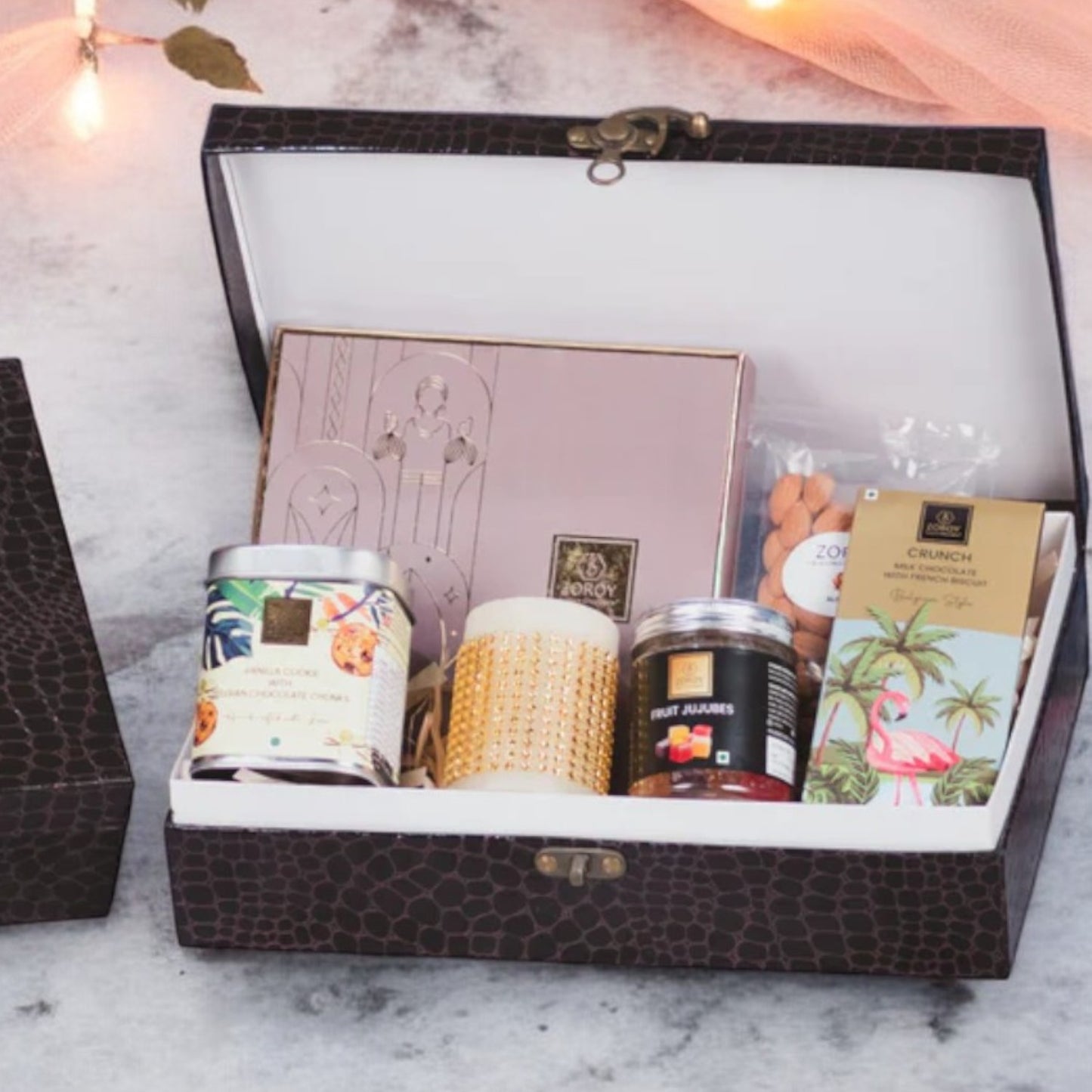 ZOROY Chest Sandook Gift Box with Assorted Cookies, Chocolates & Candle Combo Hamper