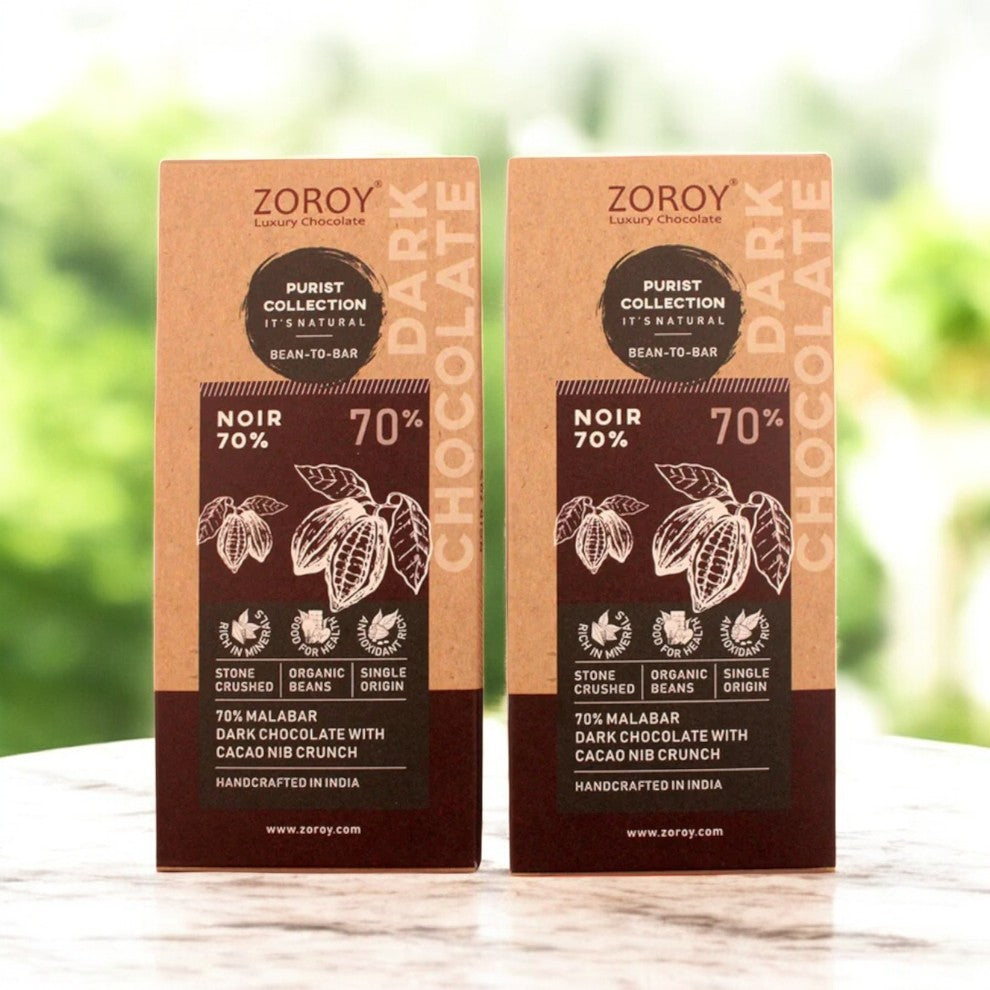 ZOROY Craft Bean to Bar Purist Collection Noir 70% Dark Organic Bean Bar with Cacao Nib Crunch bar, Pack of 2, 58gms Each - 116Gms