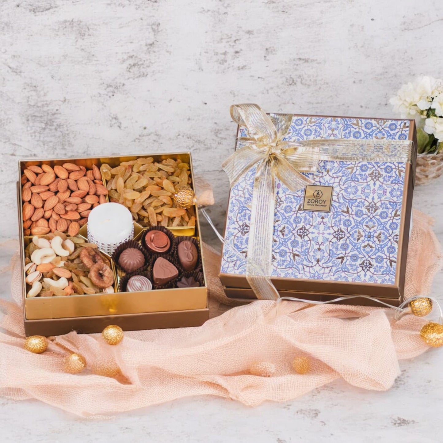 ZOROY Neel Square Gift Box With Assorted Dry Fruits & Chocolates. Candle Combo Pack for Festive Diwali Deepawali Corporate Gifting  - 360gms