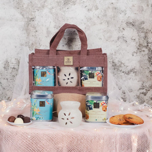 ZOROY The eco friendly hamper bag with ceramic diffuser, assorted chocolates and cookies