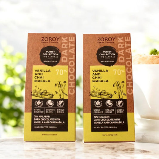 ZOROY Purist Collection, Set of 2 70% Organic Dark chocolate with Vanilla and Chai masala - 116gms