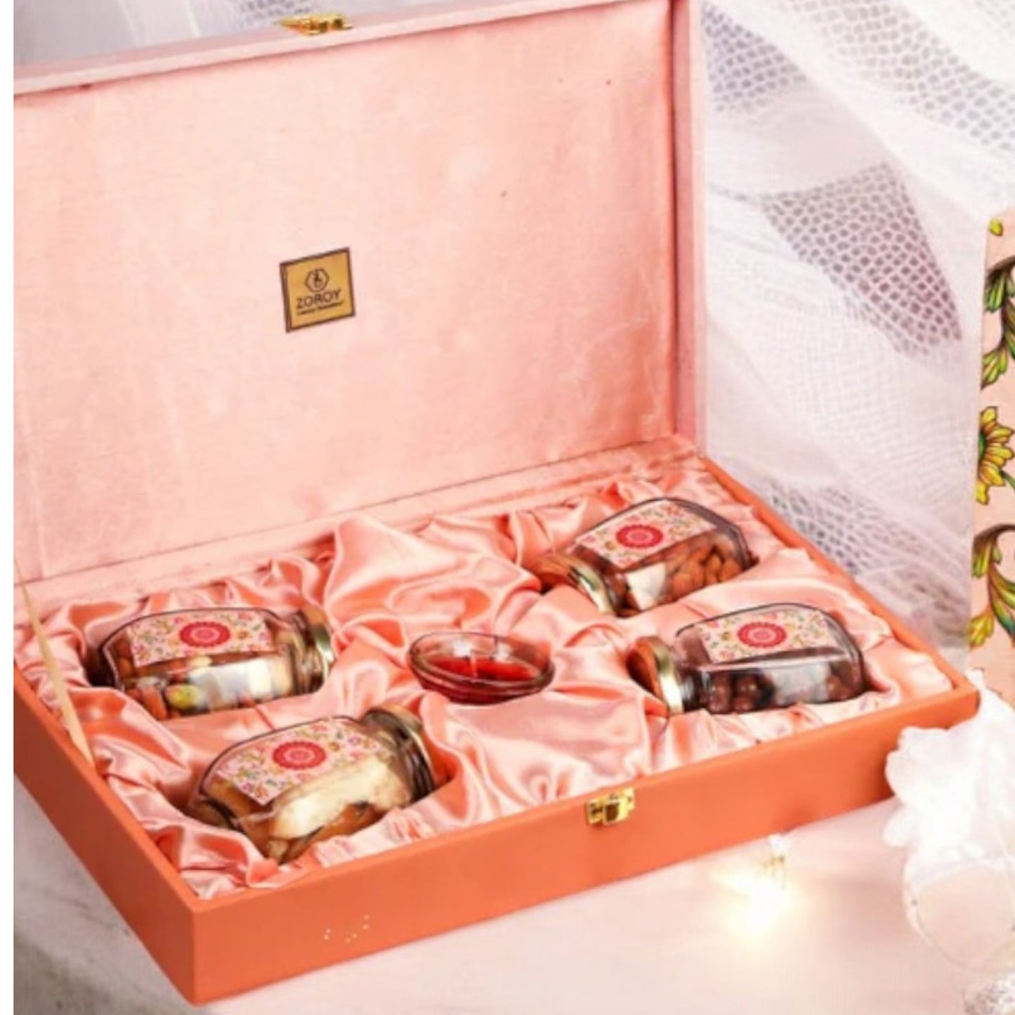 ZOROY Wooden floral box of dry fruits and chocolates - 425 gms