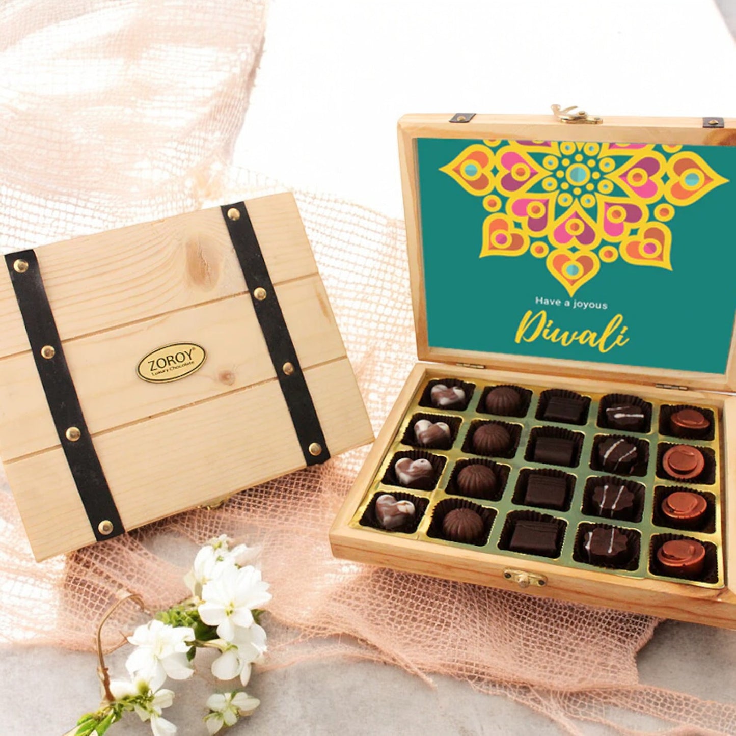 ZOROY Diwali Message Pine wood box with 20 assorted pralines