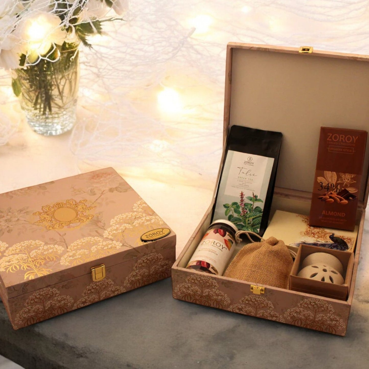 ZOROY LUXURY CHOCOLATE Wooden Dandelion Hamper | Box of 6 chocolates | Belgian style chocolate bar 58G | Belgian chocolate coated nuts 200G | Aroma Diffuser | Californian almonds 100G | Tulsi Green Tea 75G