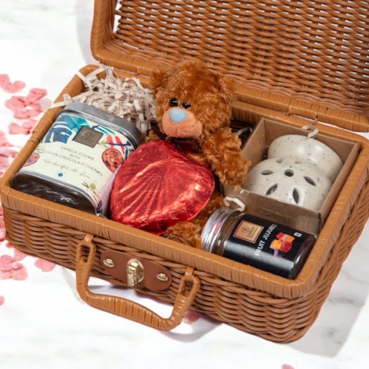 ZOROY Luxury Chocolate Love You Always Hamper | Heart shaped milk chocolate | 100G Fruit jelly | 100G handcrafted cookies | Teddy bear | Ceramic aroma diffuser |