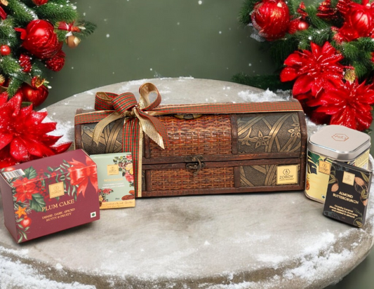 ZOROY Carnival Wooden Long Wood chest hamper | Veg Plum cake | Cookies | Chocolates |Ideal for Holiday Christmas New Year and Corporate Gifts