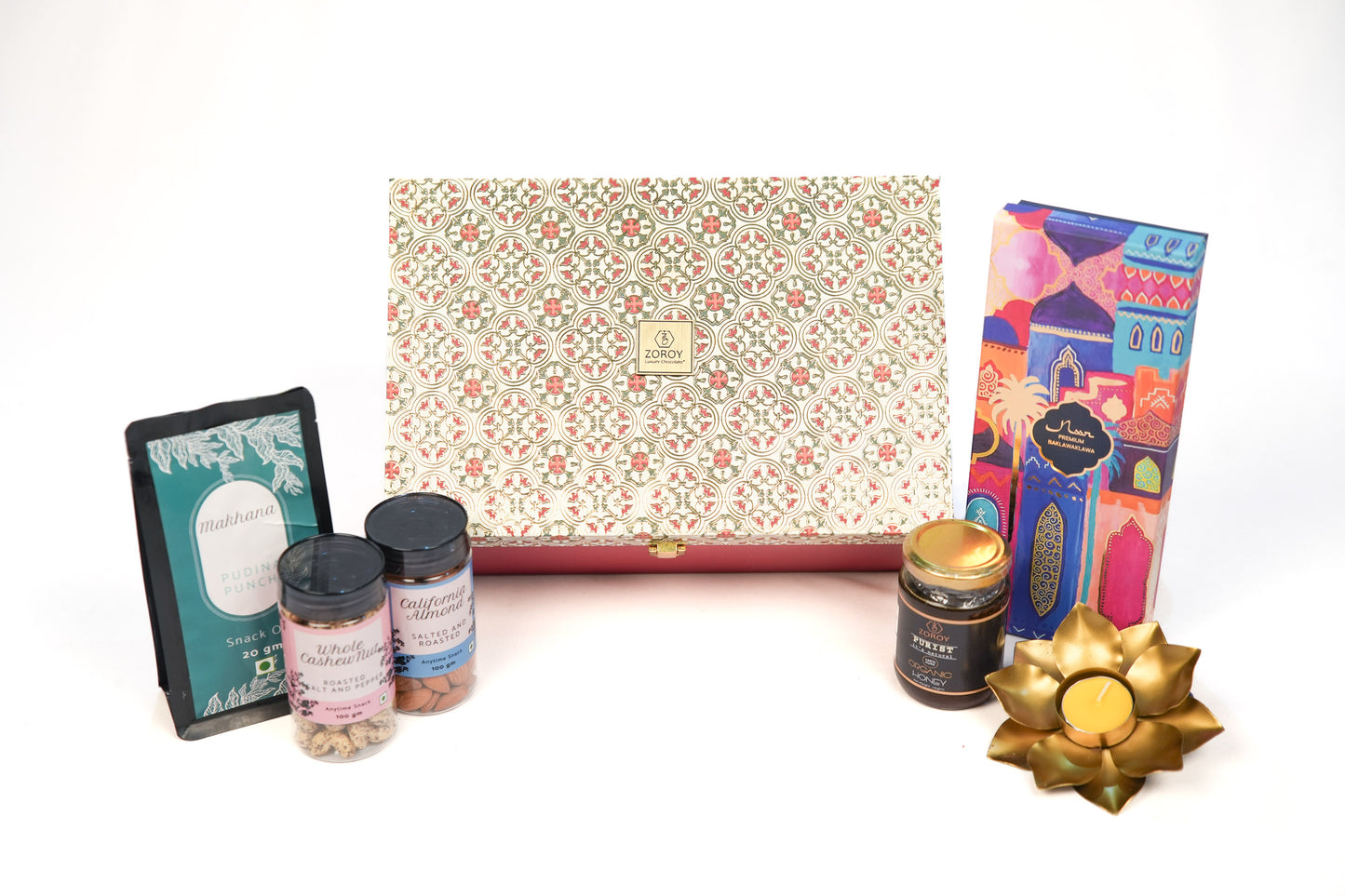 ZOROY Opulent Hamper Box - Ethnic Wooden Reusable Box with Noor 8 Baklawas, Snack Pack, 100g Salted Roasted Almonds, 100g Roasted Pepper Cashews, 175g Organic Himalayan Honey, Metal T-Lite Holder - An Ethnic Gift For Festive Season