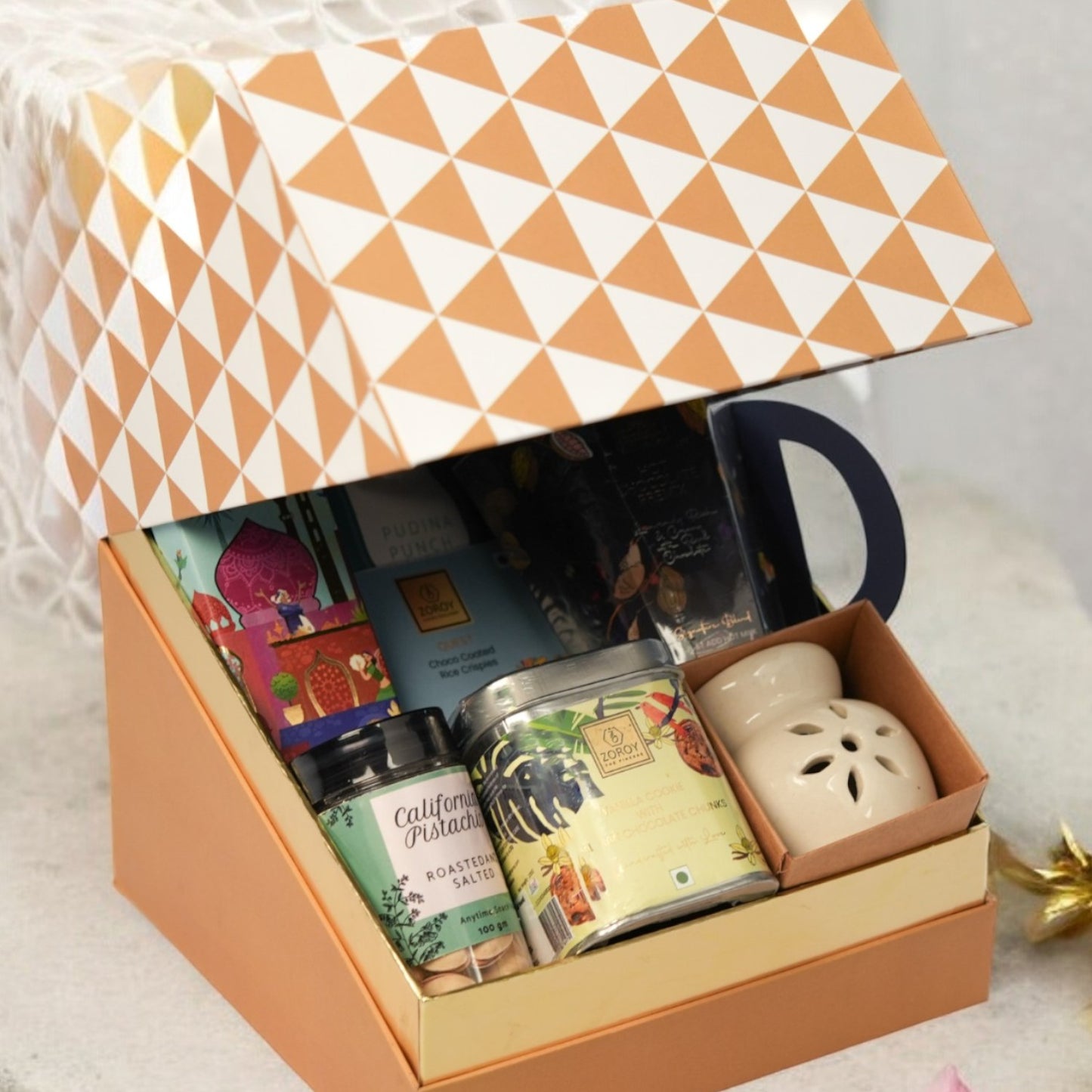 ZOROY Giled Treasure Hamper - Stylish Gift Box with Noor Premium Baklvas, Hot Chocolate Premix, Handmade Gourmet Cookies, Salted Pistachios, Snack Pack, Choco Coated Rice Crisps & Ceramic Aroma Diffuser - Ideal for Diwali Festives any occasion gifting