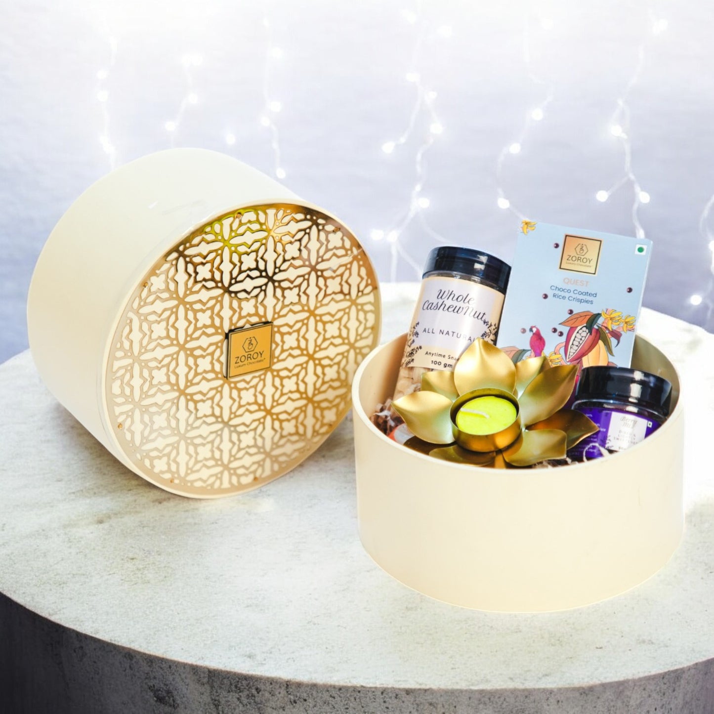 ZOROY Lavish Luxe - Royal Wooden Hamper with Metal Design, Includes 100g Whole Cashews, 50g Choco Coated Rice Crisps, 50g Mini Jar of Mixed Dried Berries, and Metallic T-Lite Candle Holder - Elegant Anytime Gift