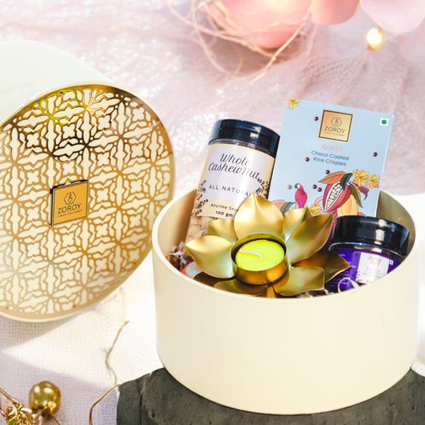 ZOROY Lavish Luxe - Royal Wooden Hamper with Metal Design, Includes 100g Whole Cashews, 50g Choco Coated Rice Crisps, 50g Mini Jar of Mixed Dried Berries, and Metallic T-Lite Candle Holder - Elegant Anytime Gift