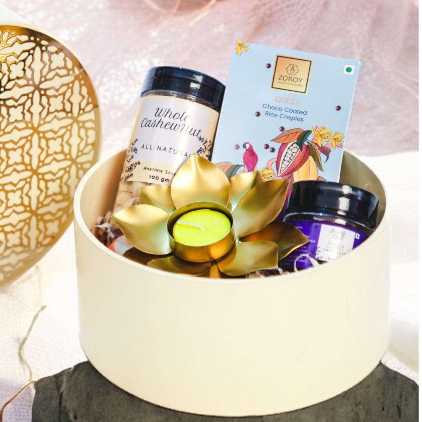 ZOROY Lavish Luxe - Royal Wooden Hamper with Metal Design, Includes 100g Whole Cashews, 50g Choco Coated Rice Crisps, 50g Mini Jar of Mixed Dried Berries, and Metallic T-Lite Candle Holder - Elegant Anytime Gift