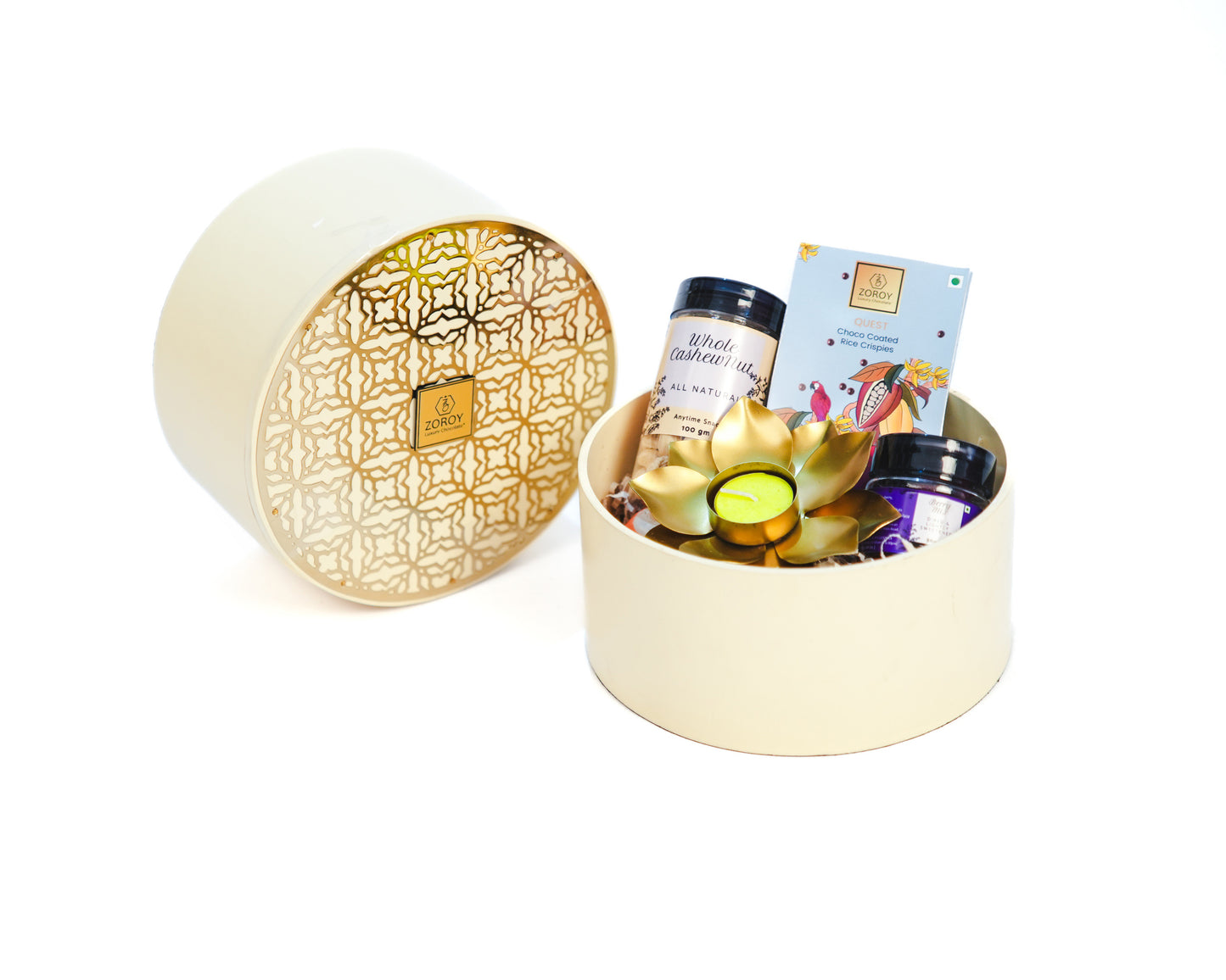 ZOROY Lavish Luxe - Royal Wooden Hamper with Metal Design, Includes 100g Whole Cashews, 50g Choco Coated Rice Crisps, 50g Mini Jar of Mixed Dried Berries, and Metallic T-Lite Candle Holder - Elegant Anytime Gift