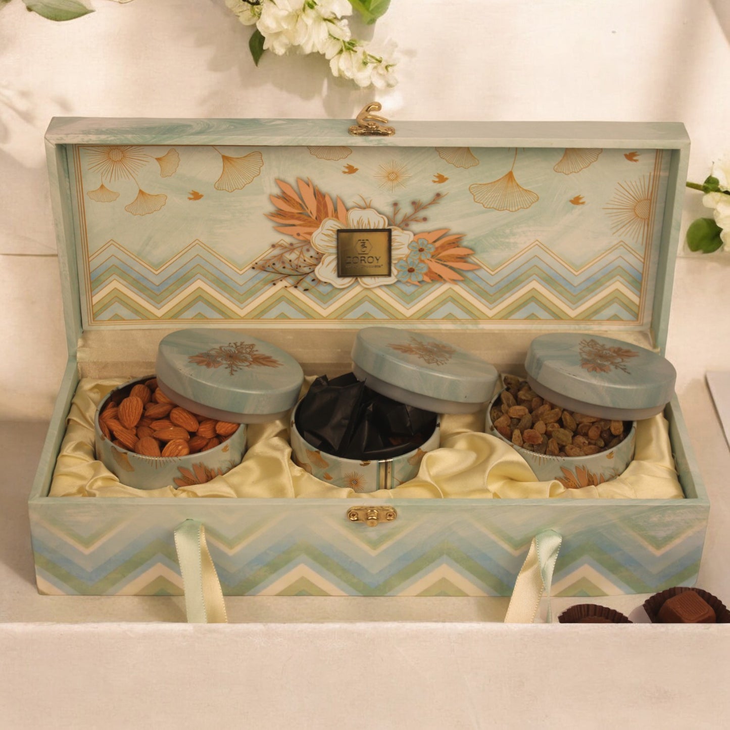 ZOROY Rakhi Special Wooden box with 3 tins of chooclates and dry fruits