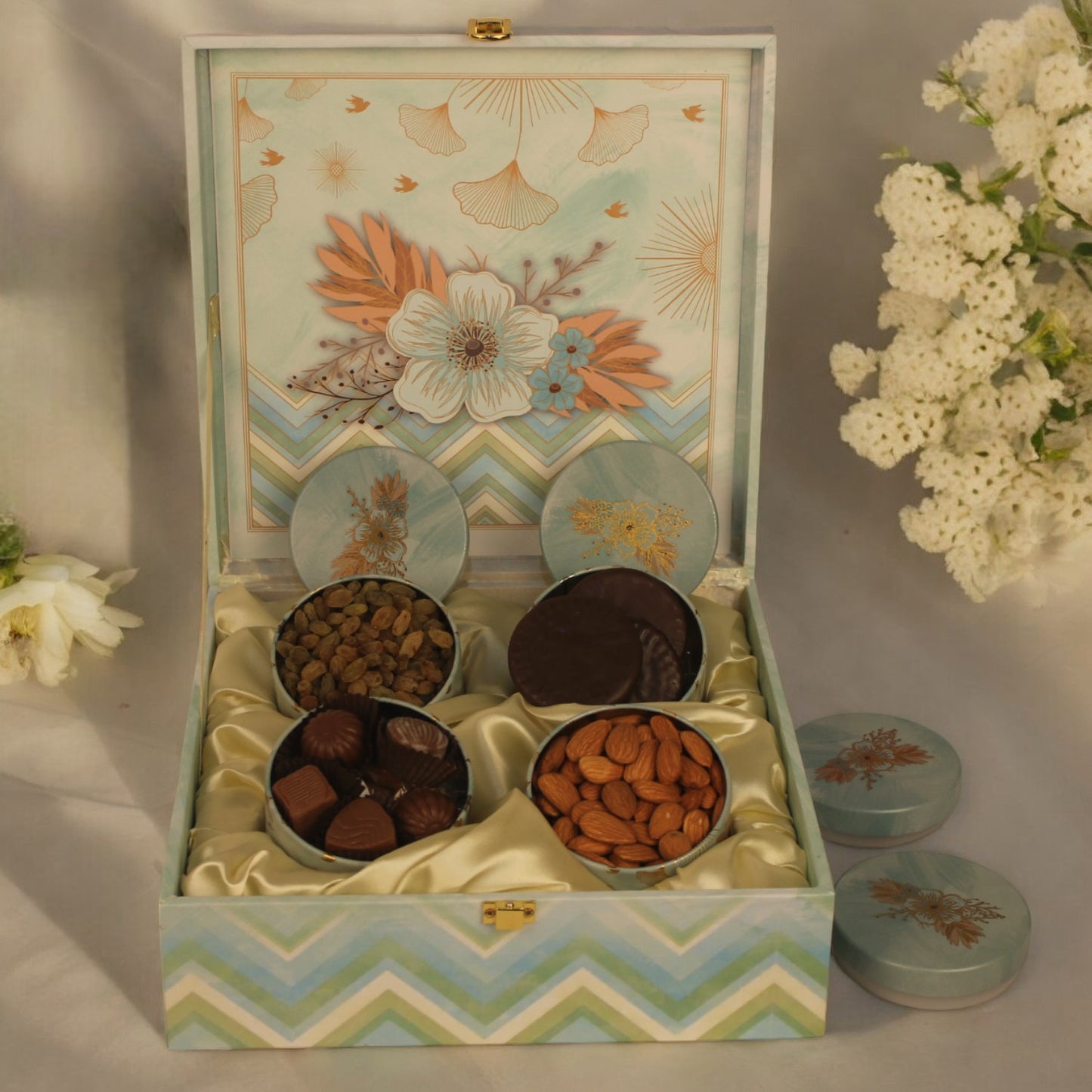 ZOROY Rakhi Special Wooden box with 4 Tins of Assorted Chocolates and Dry Fruits