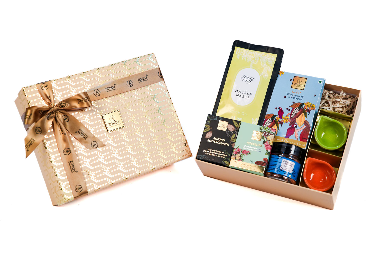 ZOROY Luxury Chocolate Contemporary Hamper Large – Stylish Box pack contains Choco Coated Crispies, Snack pack 1 No, Salted Roasted Almonds, Buttercrunch, Cookies and Set of 2 Diyas – Ideal Gift Set for Festive Corporate Diwali Gifting