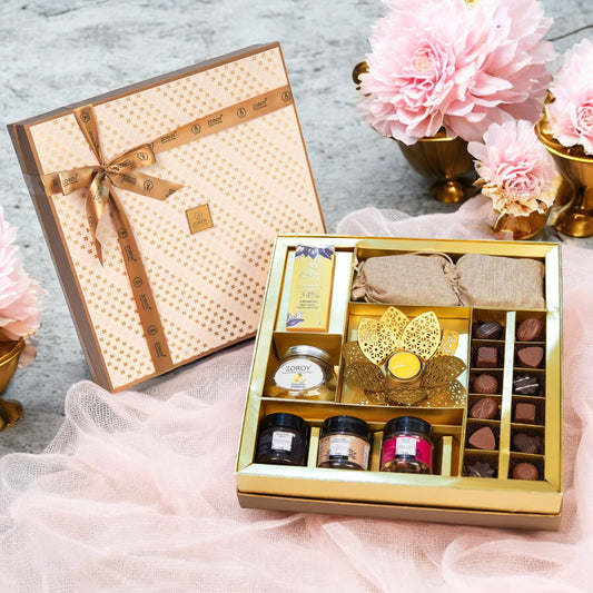 ZOROY The Elegance Hamper box of chocolates, dried fruits, assorted goody jars and t light candle holder