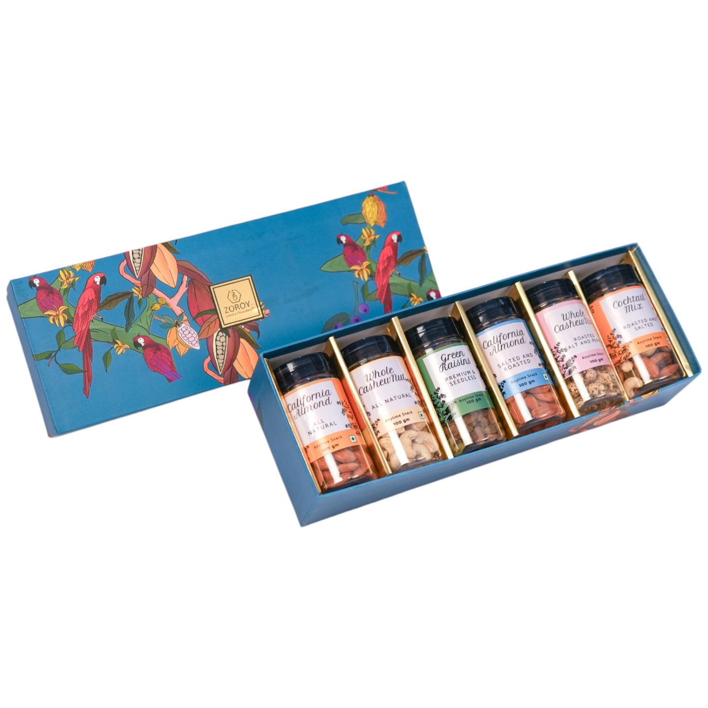 ZOROY Golden Delight Dry Fruit Hamper Box – Elegant Gift Box with Californian Almonds, Whole Cashew Nuts, Green Raisins, Roasted & Salted Almonds, Pepper Roasted Cashews, and Cocktail Mixed Nuts - Ideal for Diwali Festive Any Day Gifting - 575 G