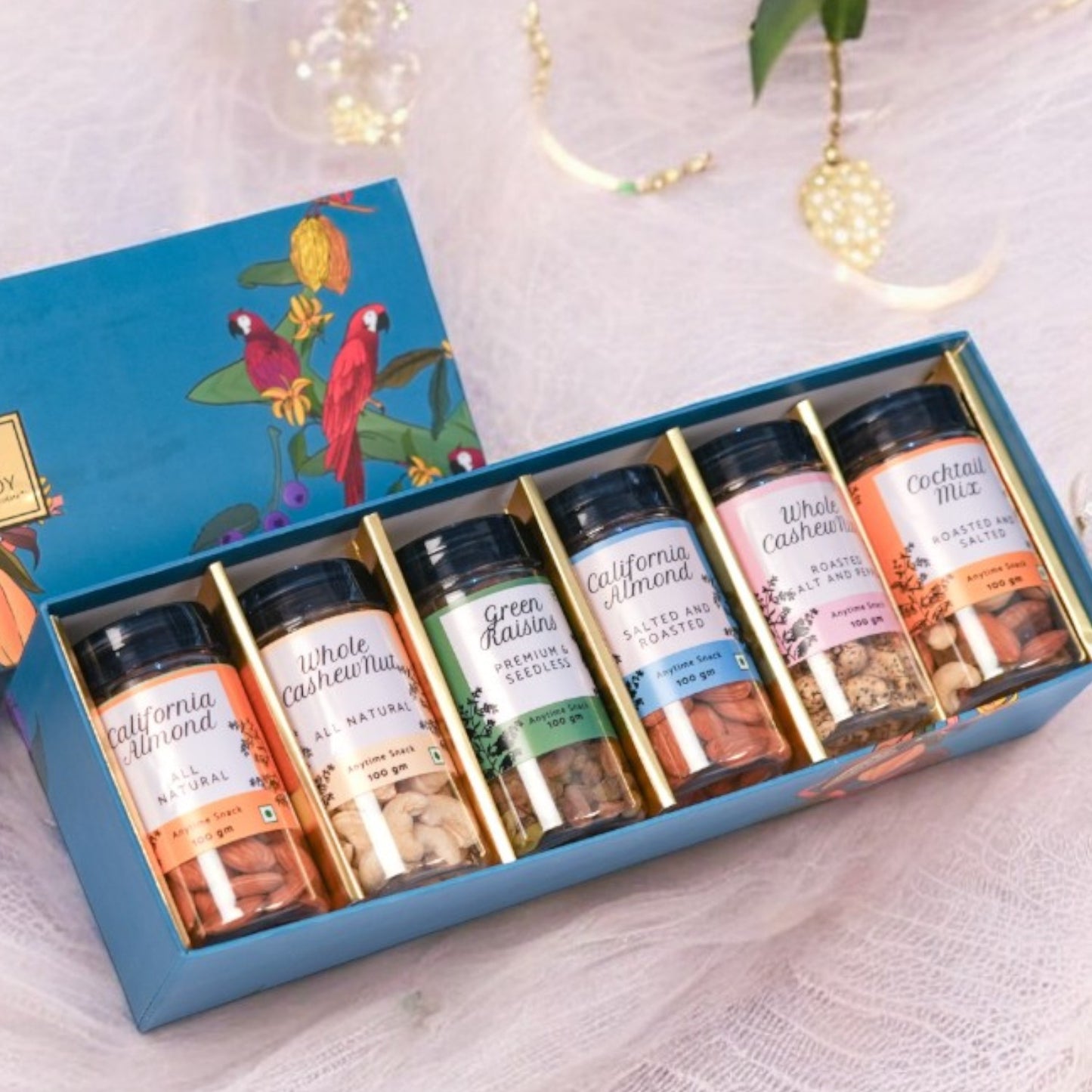 ZOROY Golden Delight Dry Fruit Hamper Box – Elegant Gift Box with Californian Almonds, Whole Cashew Nuts, Green Raisins, Roasted & Salted Almonds, Pepper Roasted Cashews, and Cocktail Mixed Nuts - Ideal for Diwali Festive Any Day Gifting - 575 G