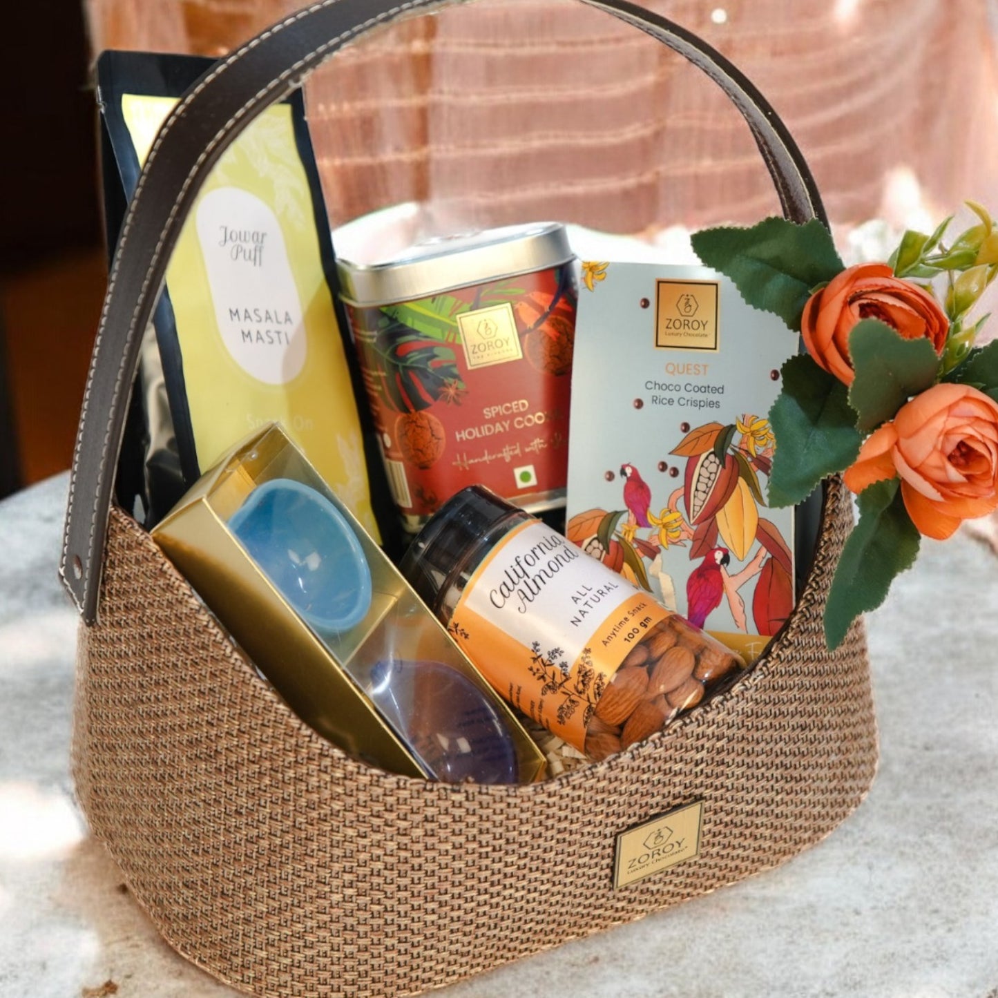 ZOROY Fine Basket Jute Feel Gift Hamper contains Gourmet Cookie , Snack Pack, Californian Almonds, Choco Coated Rice Crispies, and 2 Ceramic Diyas - Ideal Gift For Corporate Festive Diwali Any Occasion