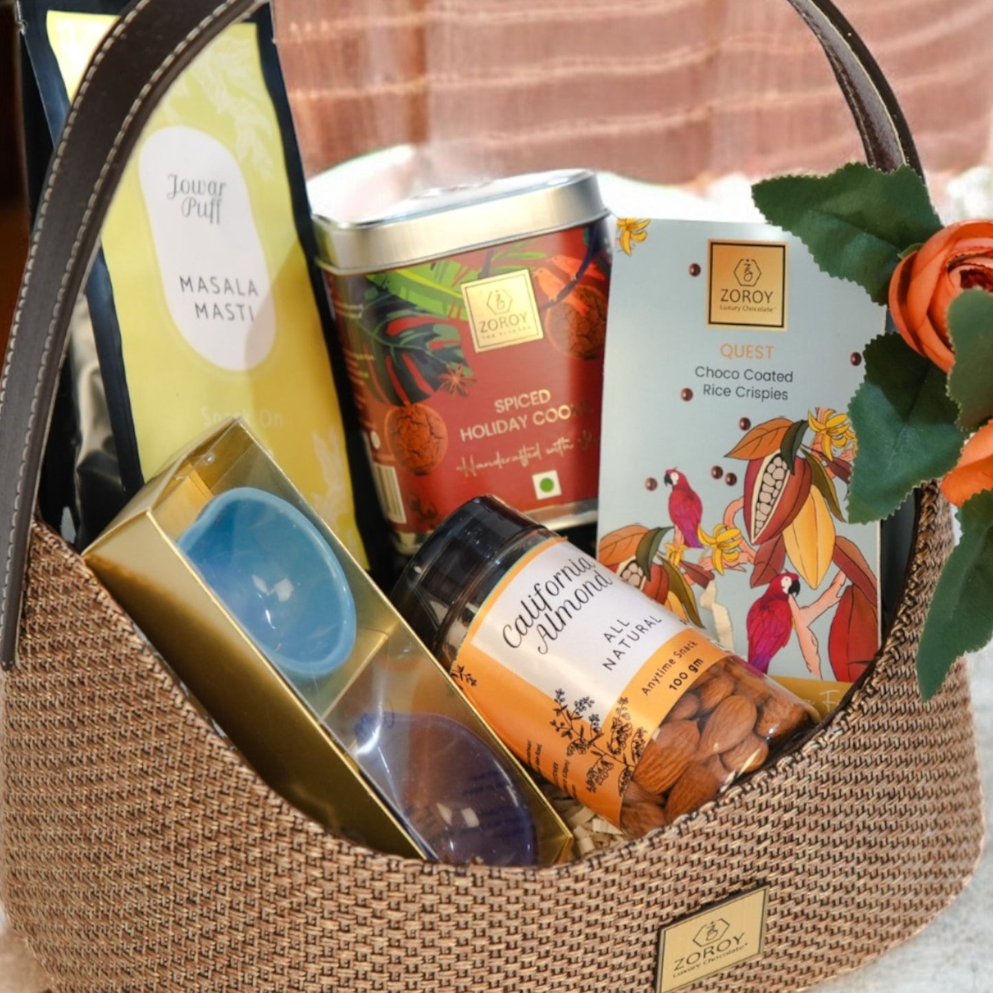 ZOROY Fine Basket Jute Feel Gift Hamper contains Gourmet Cookie , Snack Pack, Californian Almonds, Choco Coated Rice Crispies, and 2 Ceramic Diyas - Ideal Gift For Corporate Festive Diwali Any Occasion