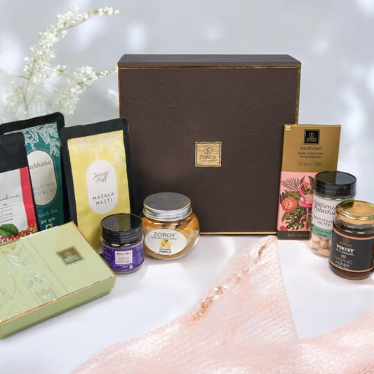 ZOROY Elegant Treats Hamper - Stylish Box with Arabica Coffee 75g, 2 Snack Packs, Assorted Chocolates, Berries and Dry Fruits 325g, Organic  Honey 175g- Ideal Festive Diwali gift for the Family Corporates