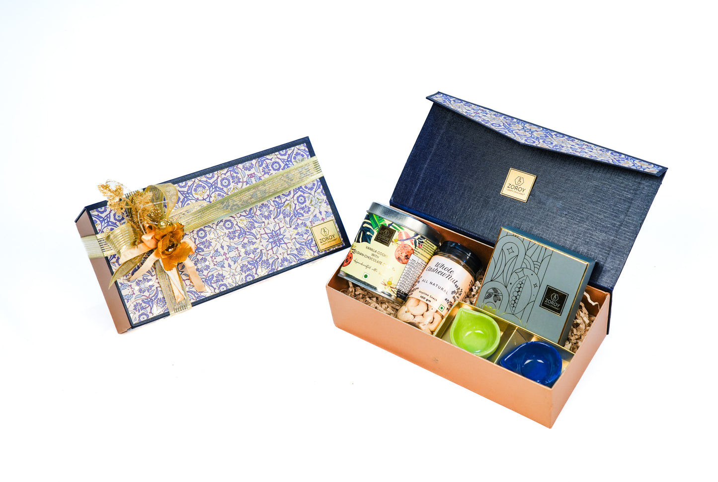 ZOROY Neel Combo Box Hamper contains Elegant Collection with Whole Cashew Nuts, Handmade Gourmet Cookie Tin, Box of 4 Premium Chocolates, and Set of 2 Ceramic Diyas – Perfect Gift Set for Diwali Festive and any occasion Gifting