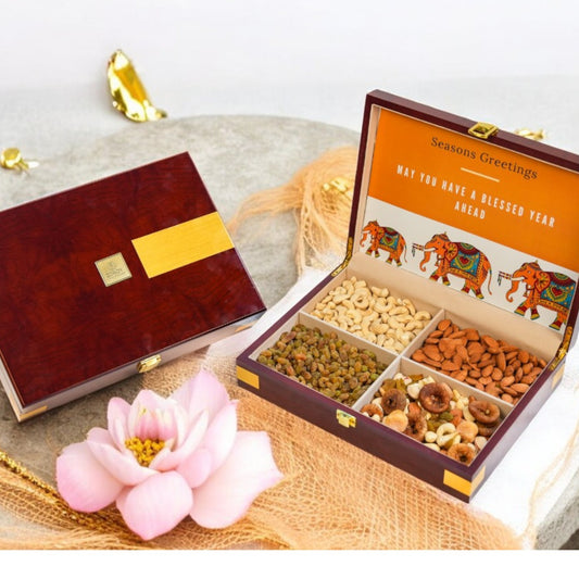 ZOROY Prominence Wooden Resuable Gift Hamper Box - Includes 100g Californian Almonds, 100g Cashews, 100g Green Raisins & 100g Mixed Dry Fruits - Premium pack Set for Any Diwali Festives Corporate Gifting