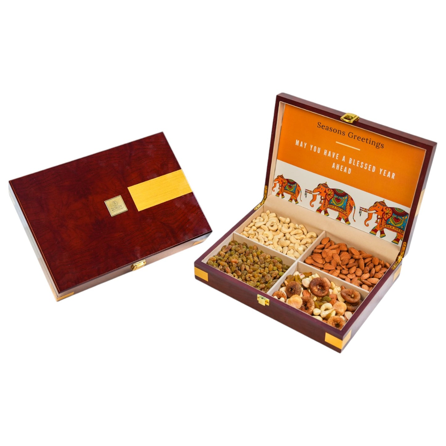 ZOROY Prominence Wooden Resuable Gift Hamper Box - Includes 100g Californian Almonds, 100g Cashews, 100g Green Raisins & 100g Mixed Dry Fruits - Premium pack Set for Any Diwali Festives Corporate Gifting