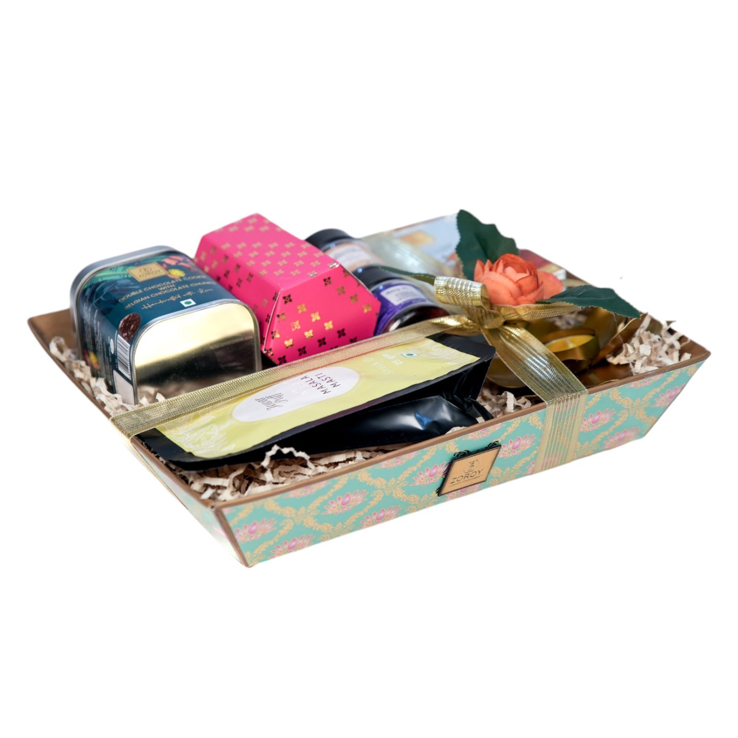 ZOROY Sensation Tray Hamper Season 2 – Elegant Gift Box with Handmade Gourmet Cookie Tin, Californian Almonds, Berry Mix, Chocolate Jam, Choco Coated Crispies, Snack Pack, and Lotus Metal T-Light Holder. Ideal gift for any Occasion