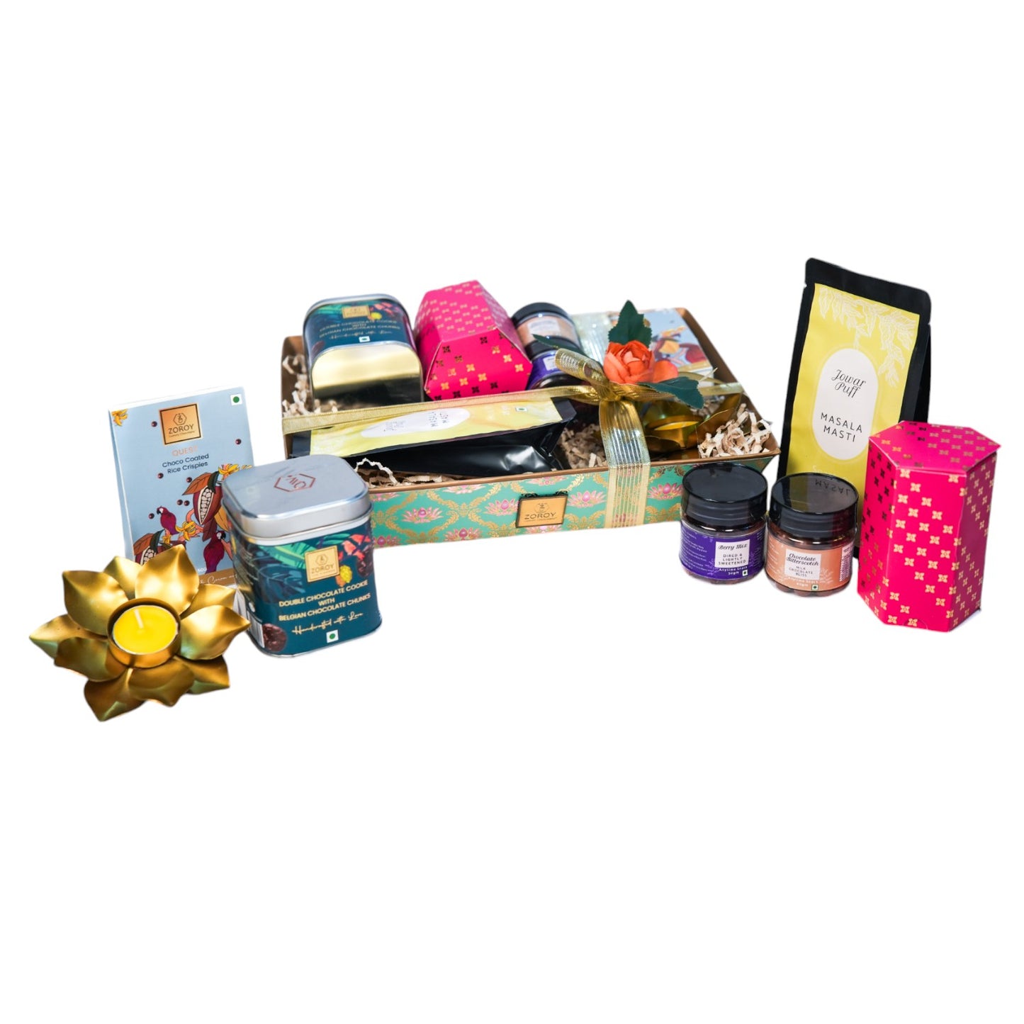 ZOROY Sensation Tray Hamper Season 2 – Elegant Gift Box with Handmade Gourmet Cookie Tin, Californian Almonds, Berry Mix, Chocolate Jam, Choco Coated Crispies, Snack Pack, and Lotus Metal T-Light Holder. Ideal gift for any Occasion