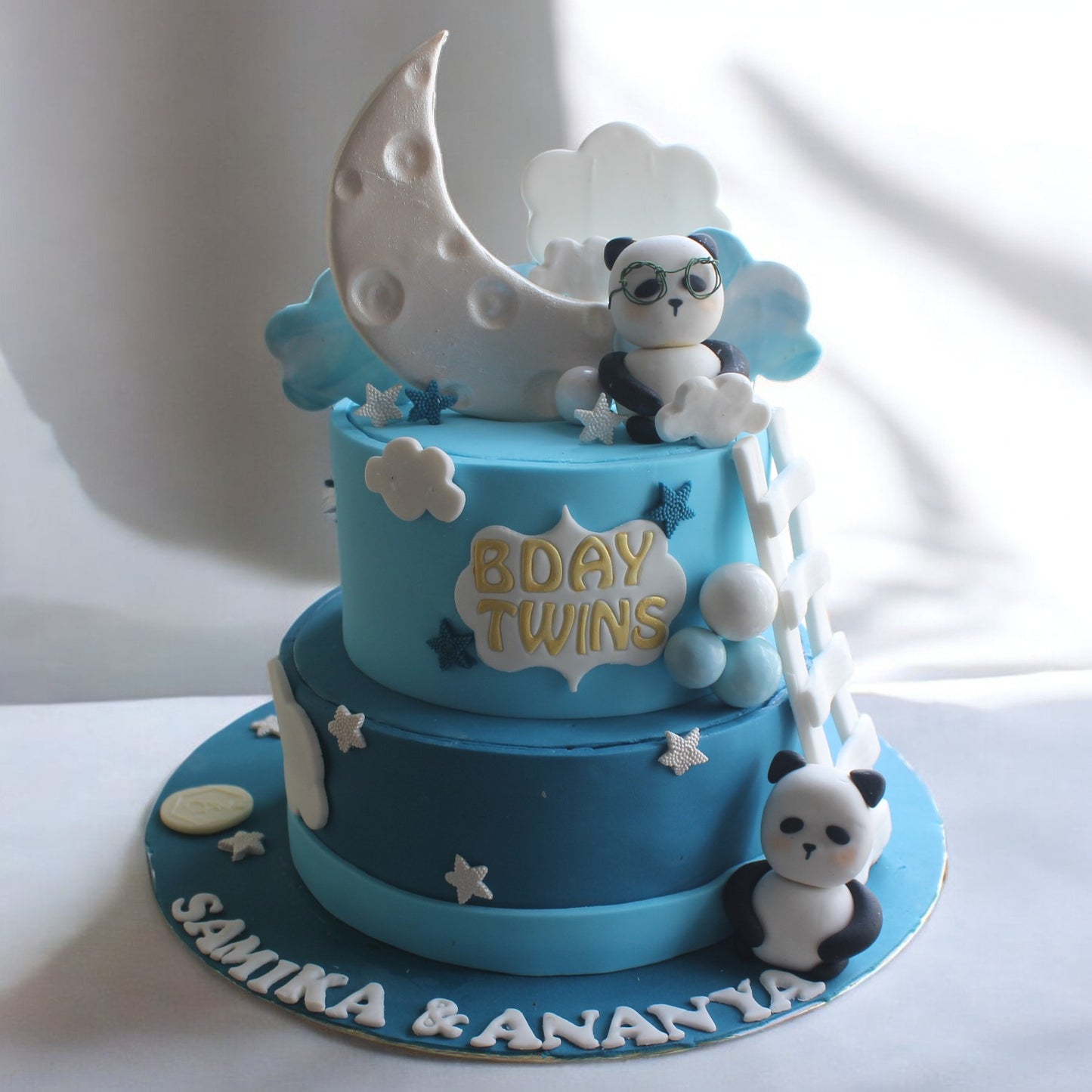 ZOROY Twin Penguin on Moon  Celebration Fondant Customised Theme Cake