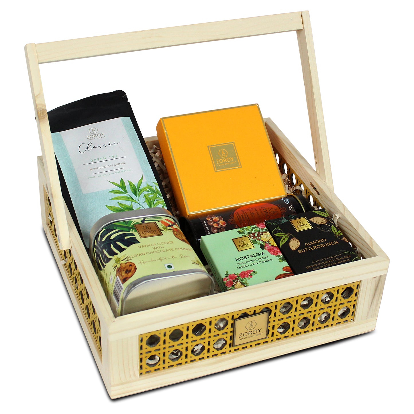 ZOROY Rakhi Special Wooden cane hamper with chocolates, green tea, cookies and coated nuts