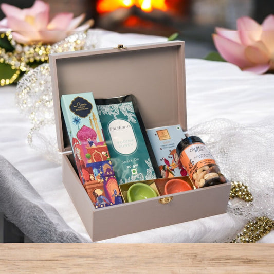 ZOROY Treasure Hamper (Medium) – Wooden Box with Premium Baklavas 4 Nos, Snack Pack 1 No, 100g Cocktail Mixed Nuts, 50g Chocolate Coated Rice Crispies, and 2 Ceramic Diyas- Ideal for Festive Diwali Gifting