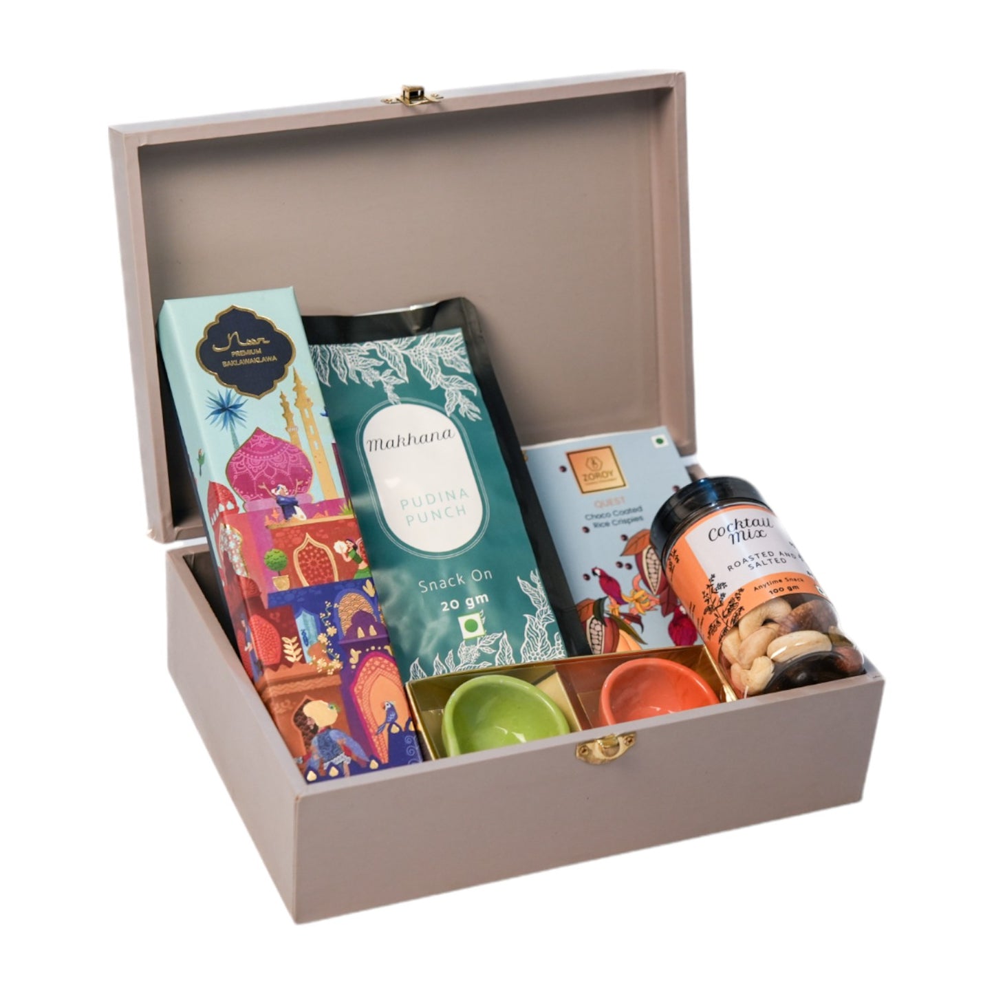 ZOROY Treasure Hamper (Medium) – Wooden Box with Premium Baklavas 4 Nos, Snack Pack 1 No, 100g Cocktail Mixed Nuts, 50g Chocolate Coated Rice Crispies, and 2 Ceramic Diyas- Ideal for Festive Diwali Gifting