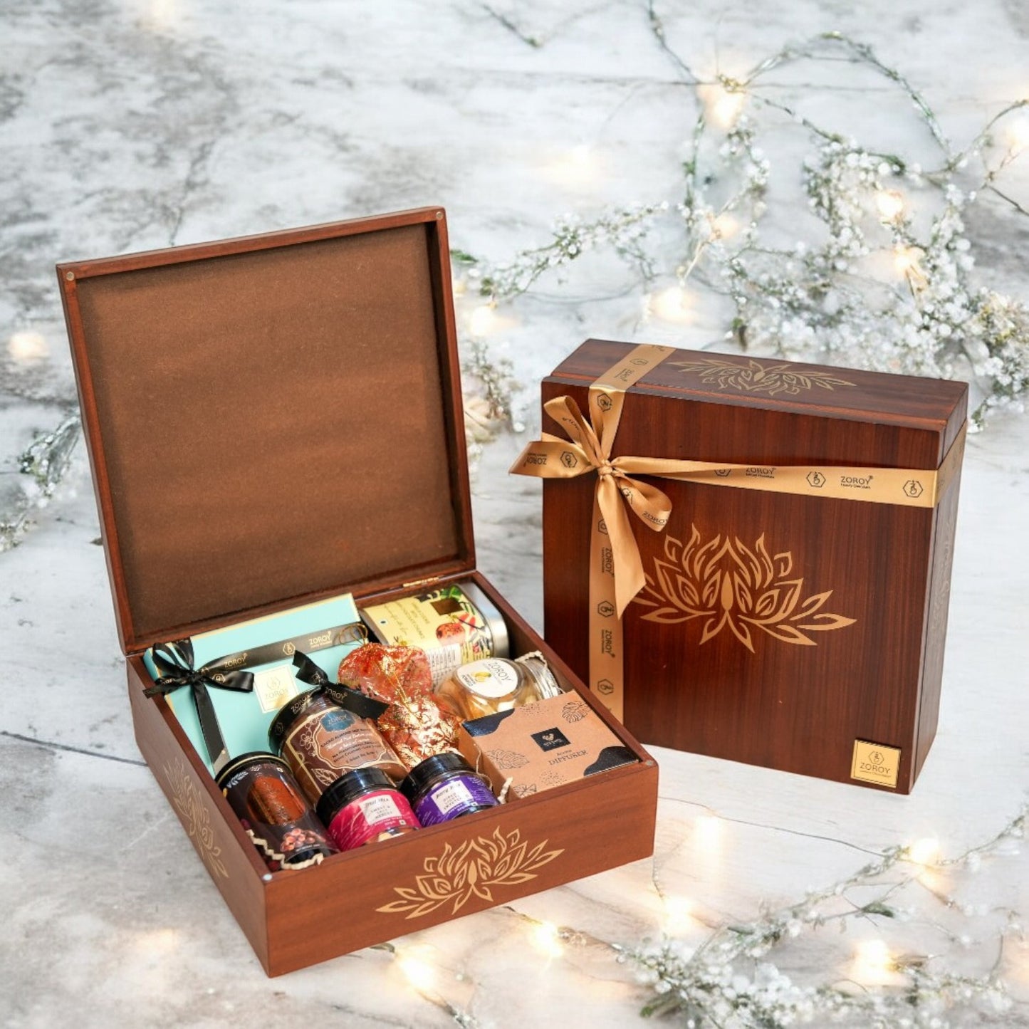 ZOROY Wooden box Hamper of chocolates, dry fruits and assorted goodies