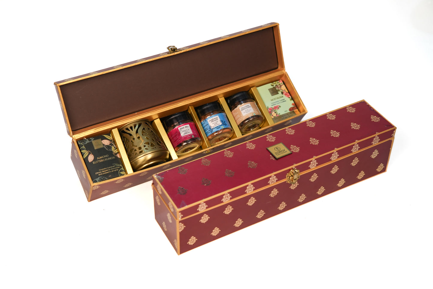 ZOROY The Long Golden Bliss Reusable Hamper Box with Berry Mix, Trail Mix, Crunchy Chocolate Jam, Metal Votive Chocolates and cookies - Ideal for Gifting for Diwali Corporate Christmas any Occasion