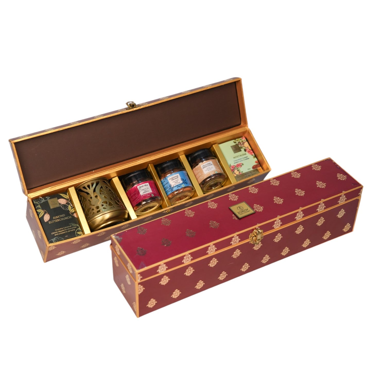 ZOROY The Long Golden Bliss Reusable Hamper Box with Berry Mix, Trail Mix, Crunchy Chocolate Jam, Metal Votive Chocolates and cookies - Ideal for Gifting for Diwali Corporate Christmas any Occasion