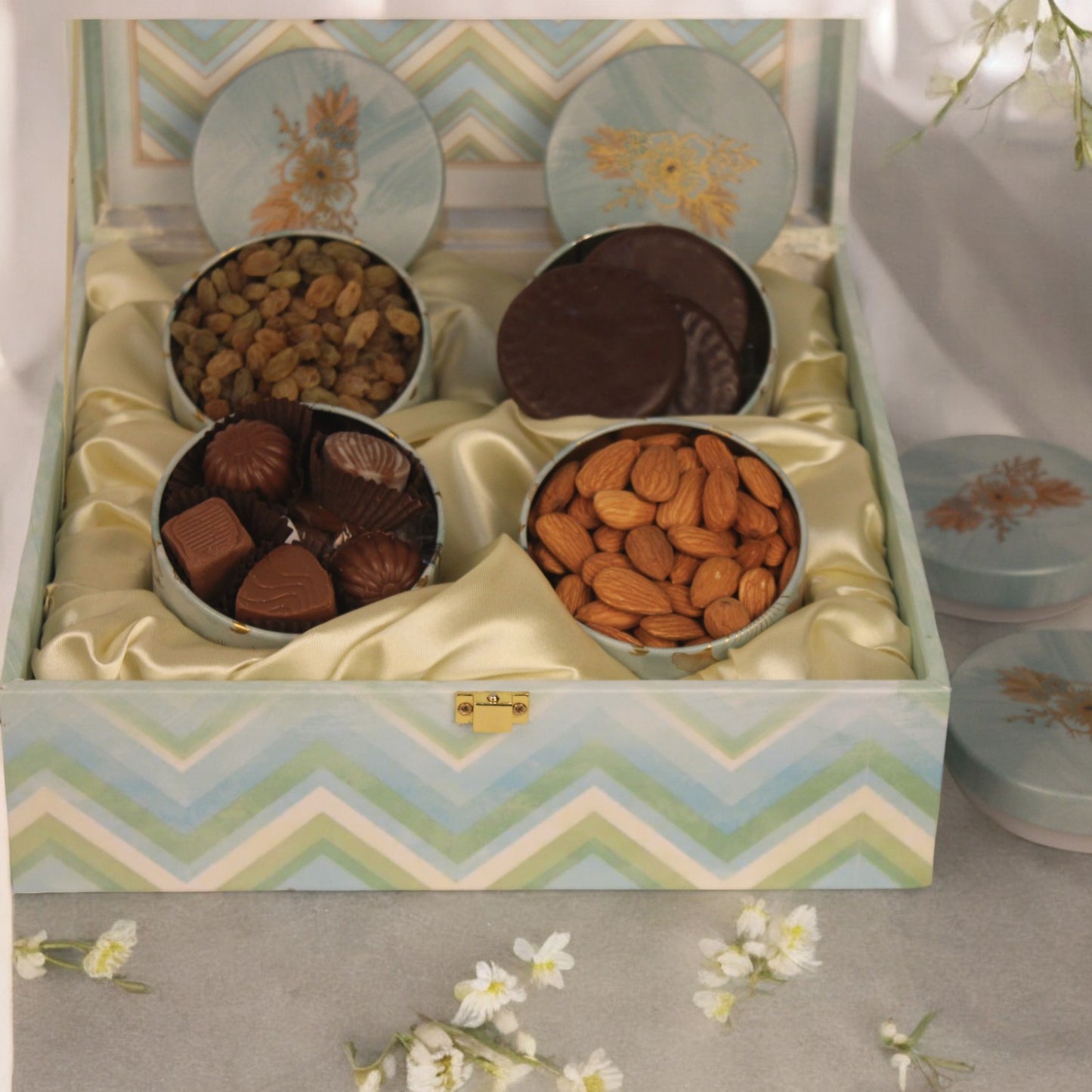 ZOROY Rakhi Special Wooden box with 4 Tins of Assorted Chocolates and Dry Fruits