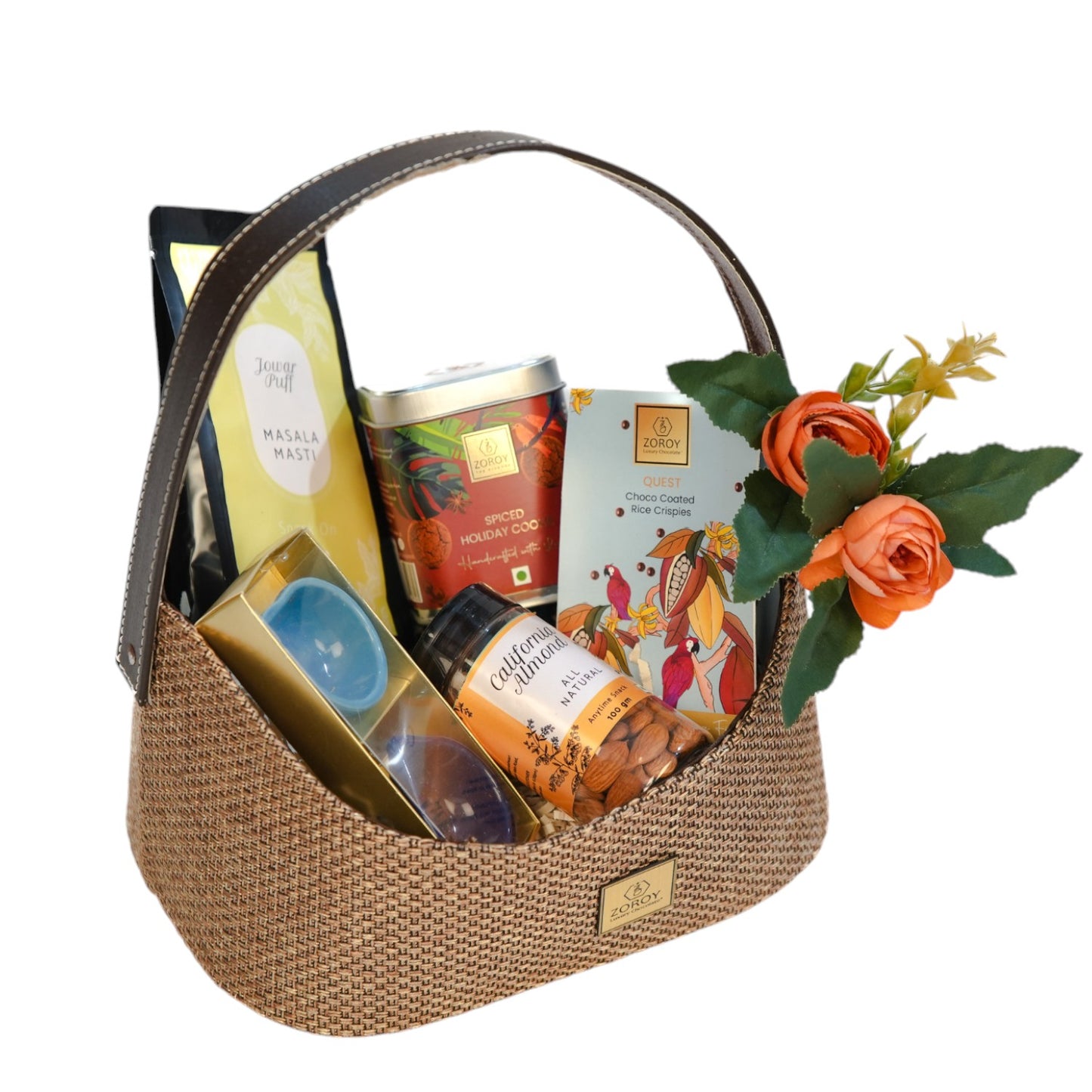 ZOROY Fine Basket Jute Feel Gift Hamper contains Gourmet Cookie , Snack Pack, Californian Almonds, Choco Coated Rice Crispies, and 2 Ceramic Diyas - Ideal Gift For Corporate Festive Diwali Any Occasion