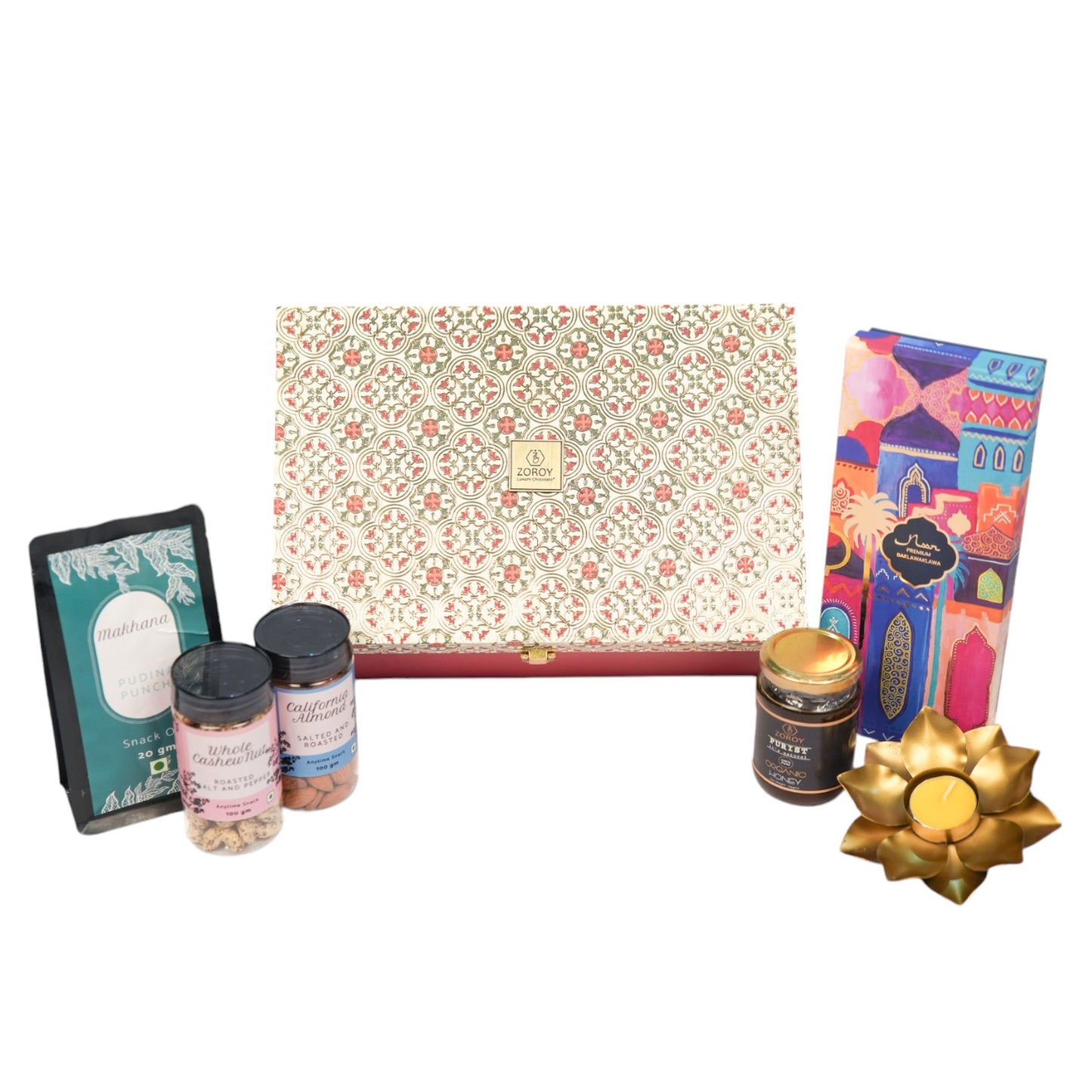 ZOROY Opulent Hamper Box - Ethnic Wooden Reusable Box with Noor 8 Baklawas, Snack Pack, 100g Salted Roasted Almonds, 100g Roasted Pepper Cashews, 175g Organic Himalayan Honey, Metal T-Lite Holder - An Ethnic Gift For Festive Season