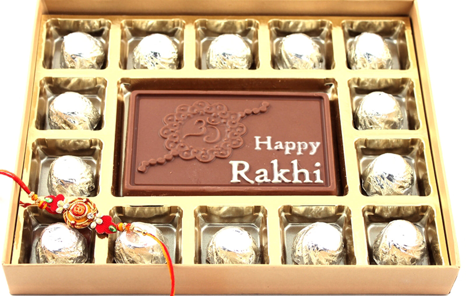 SFU E Com Golden Wishes With Chocolates | Rakhi Chocolate Gift Hamper with  Premium OM Ganesh ji Rakhi for Brother | Roli, Chawal, Chandan, Misri | 294  : Amazon.in: Grocery & Gourmet Foods